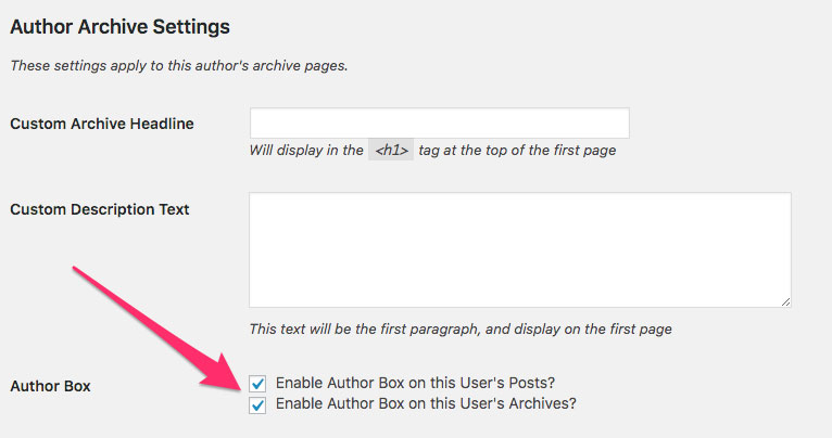 screen shot showing how to enable author box in WordPress