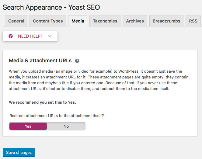 screenshot of Yoast Media & Attachment URLs setting