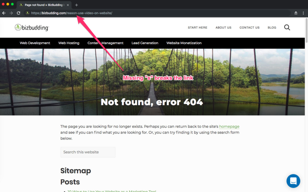 screen shot showing a 404 error example