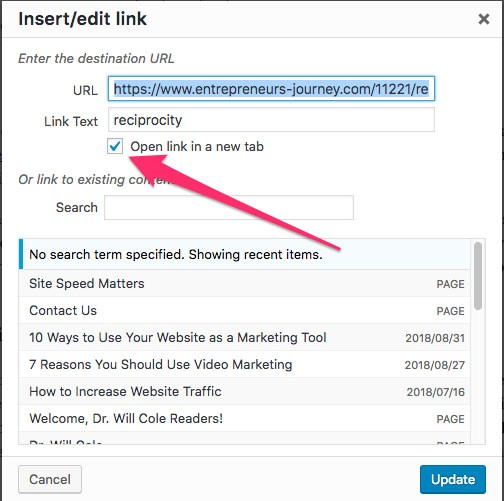 screen shot showing how to open a link in a new tab in WordPress