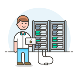 icon of web developer standing next to servers
