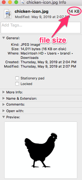 screenshot of image info, file size