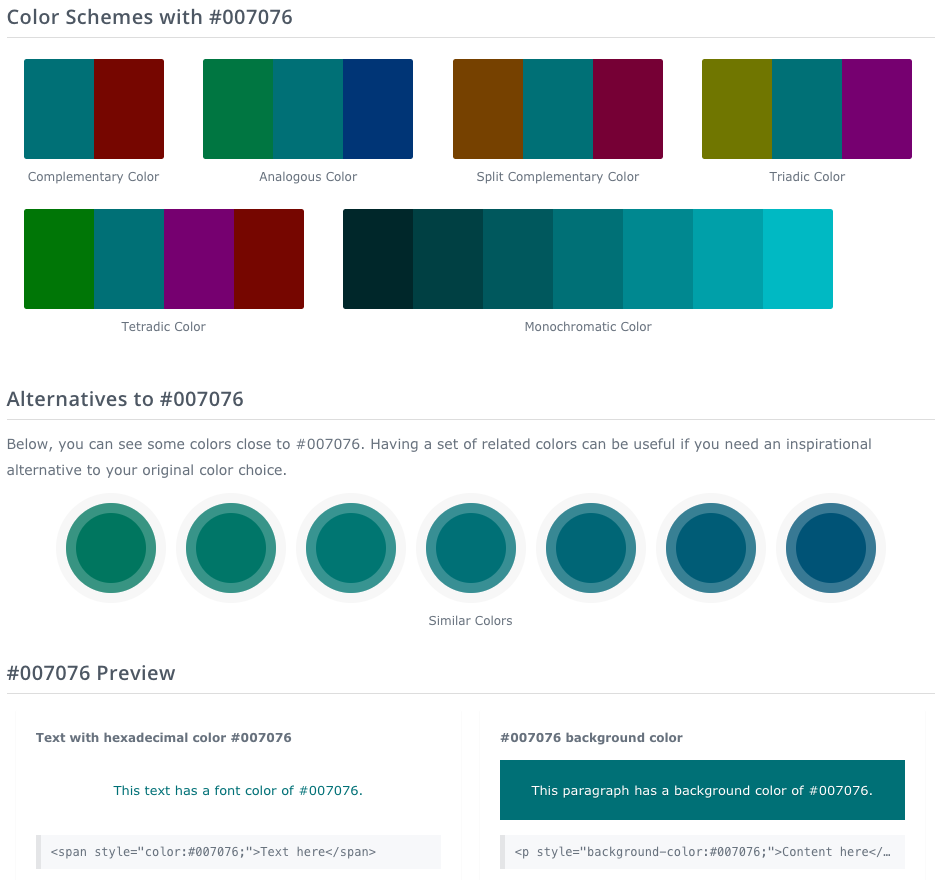 photo of color combinations, previews, and hex codes