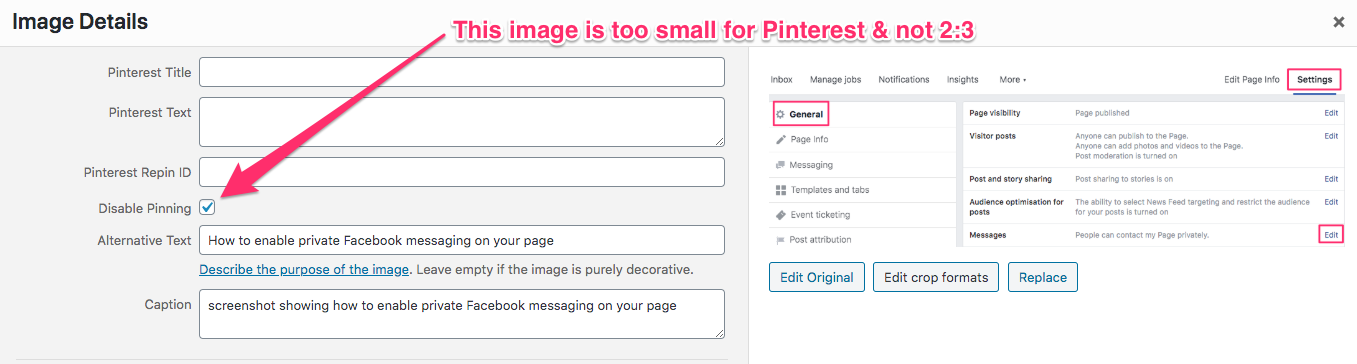 screenshot showing how to disable pinning on an image
