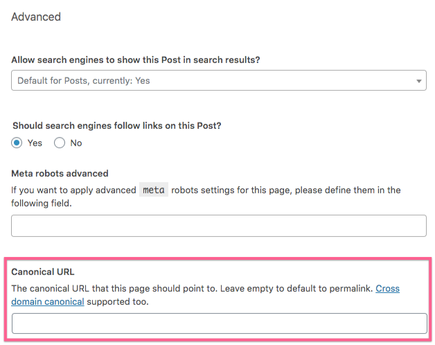 screenshot of Yoast advanced setting for canonical URL