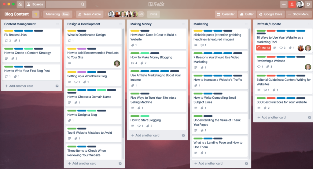 screenshot of Trello content management board