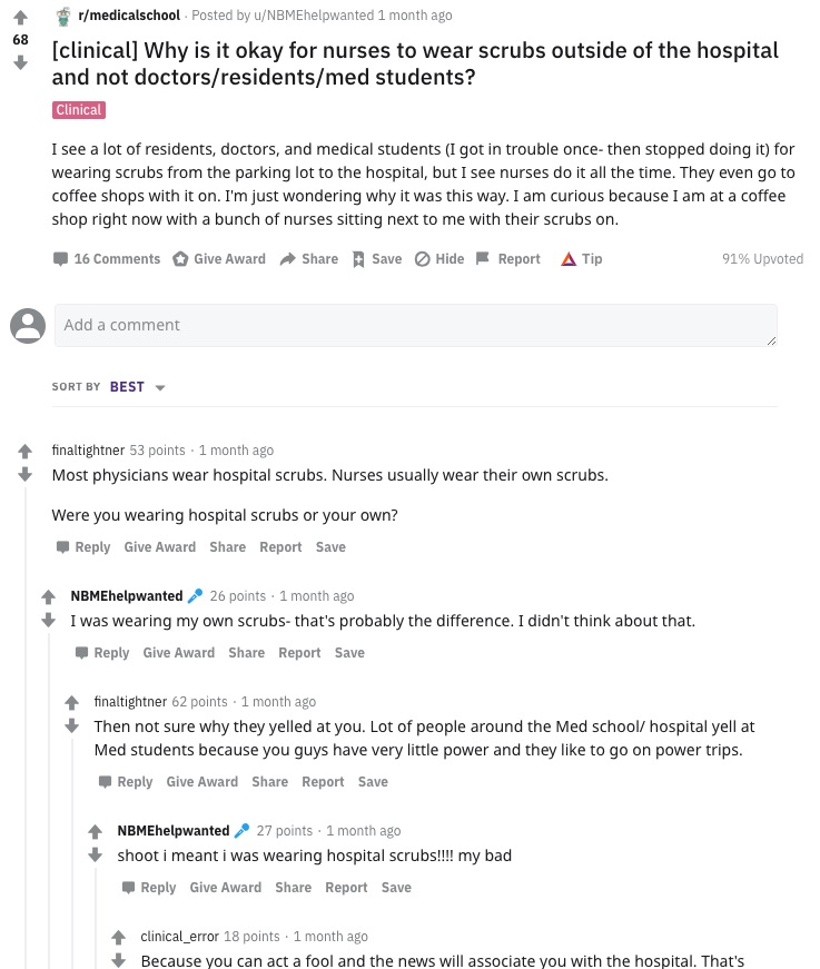 Reddit post about scrubs for students