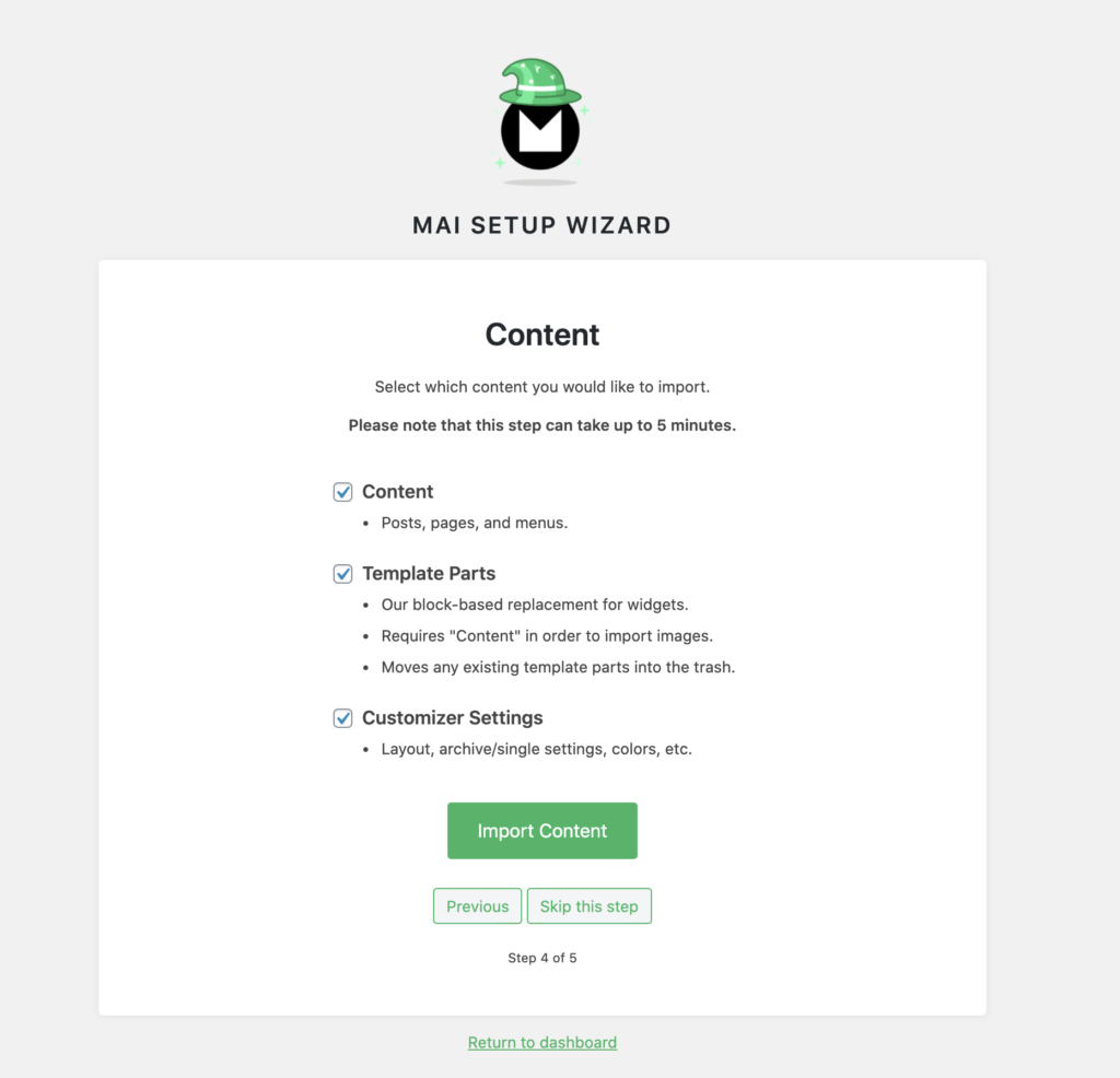 screenshot of the Mai Theme setup wizard import content