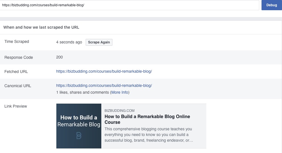 screenshot of successful Facebook Debugger crawl