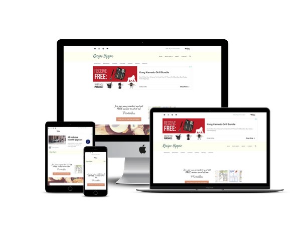 Recipe Hippie website mockup displayed on a desktop, laptop, tablet, and mobile phone