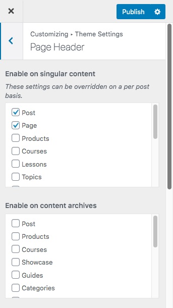 Customizer Page Header settings