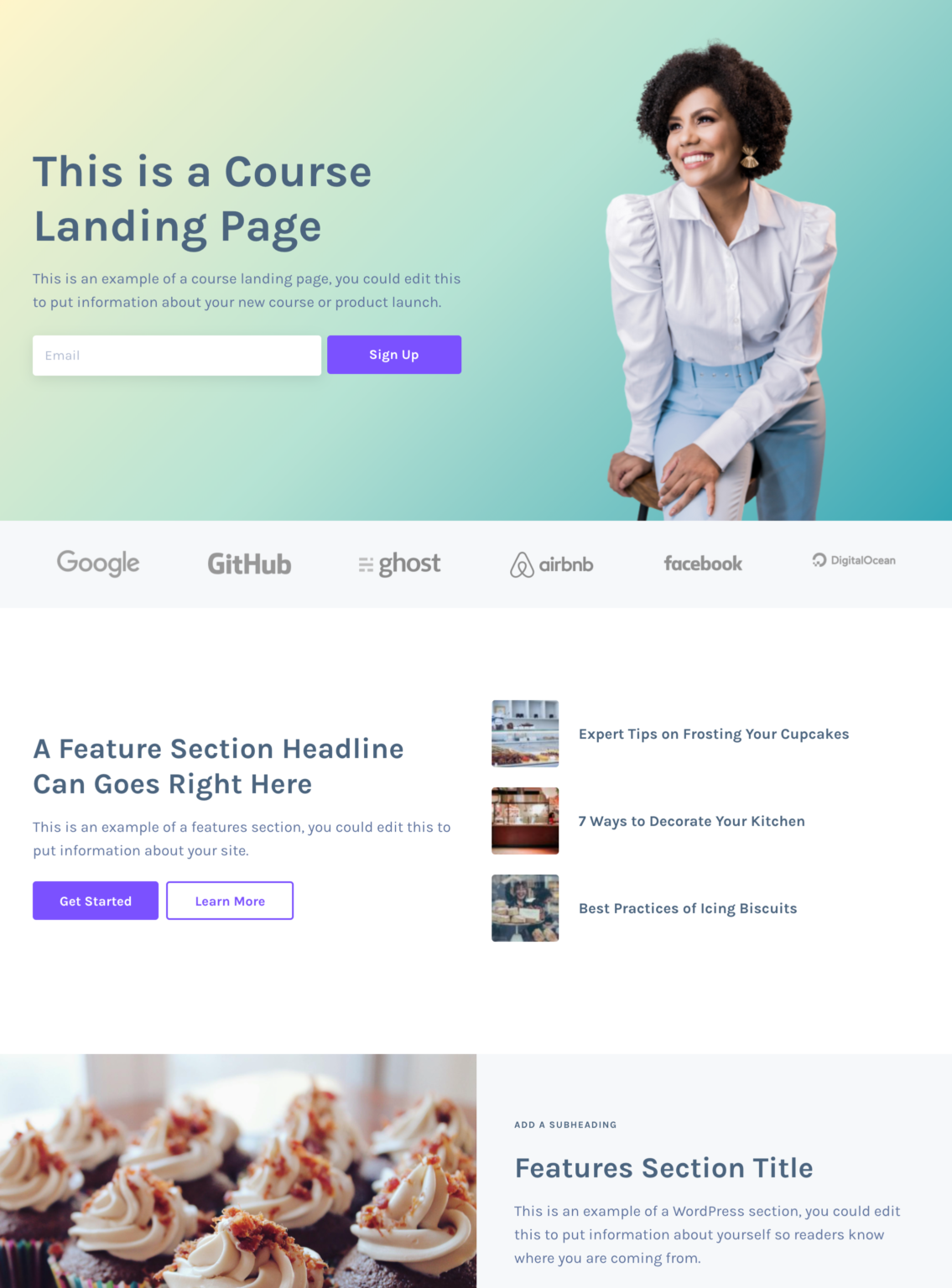 Landing page layout for courses
