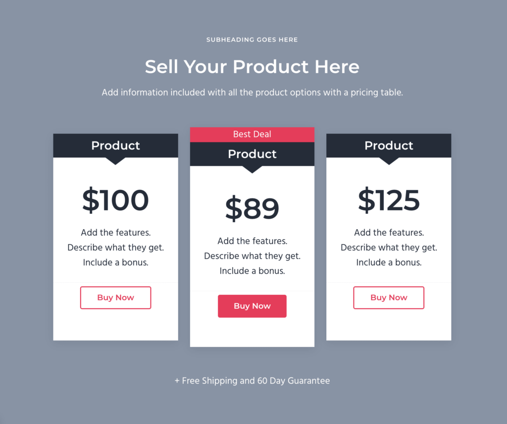Pricing table Mai Columns section