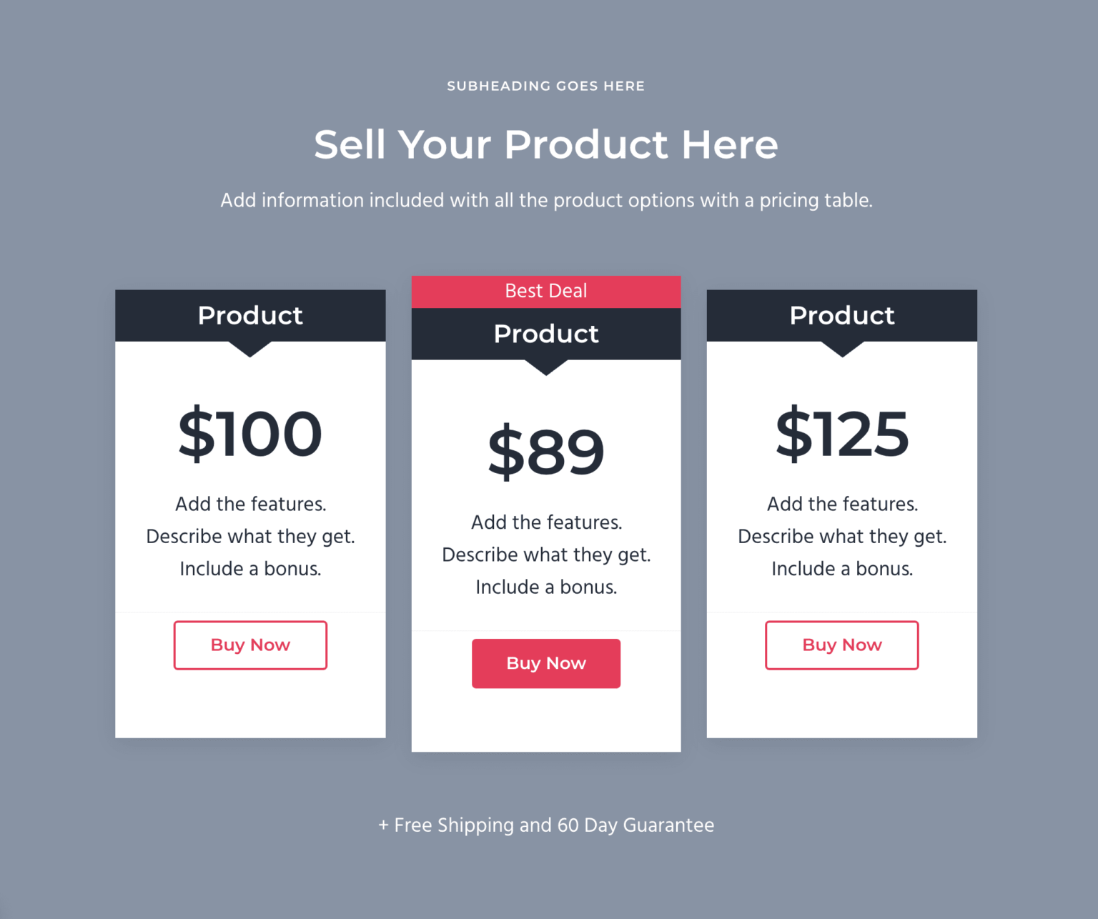Pricing table Mai Columns section