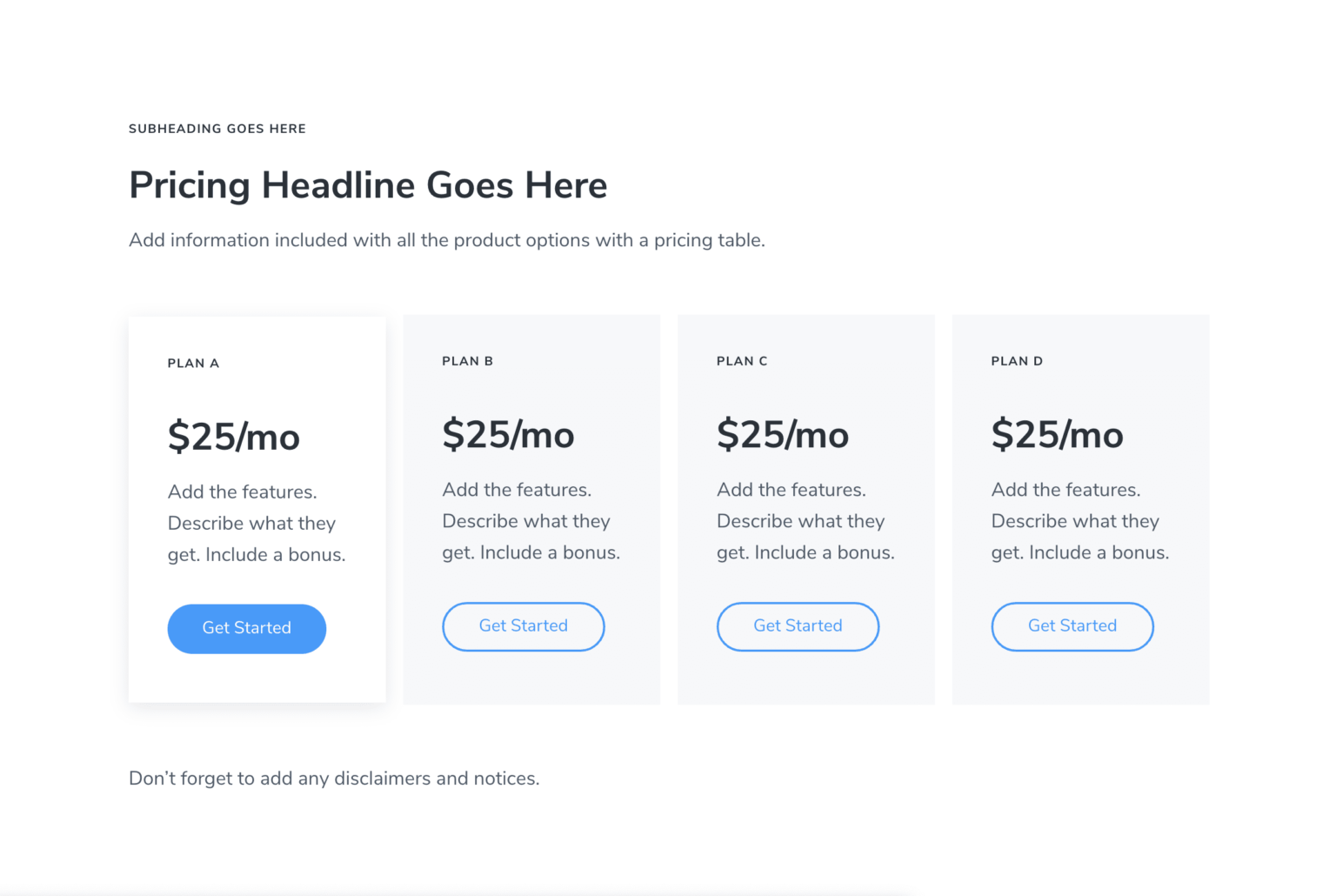 Pricing table with Mai Columns section