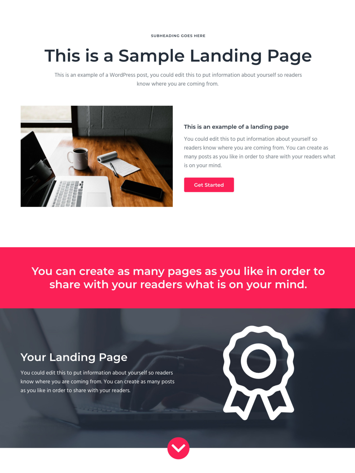 Product landing page layout