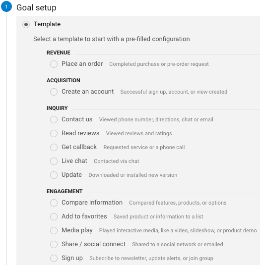 screenshot showing Google Analytics Goal templates