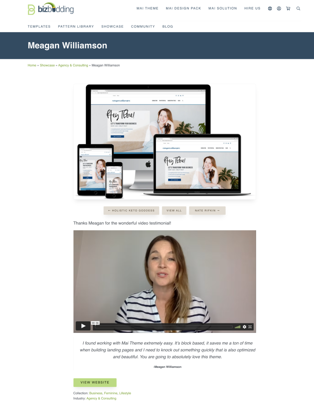 BizBudding client showcase page with video testimonial on website