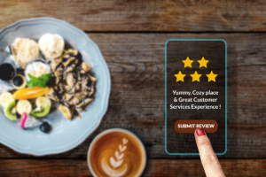 Customer Experience Concept. Enjoying Food and Drink. Woman using Smartphone in Cafe or Restaurant to Feedback Five Star Rating in Online Satisfaction Survey Application, Food Review, Top View