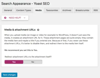screenshot of Yoast Media & Attachment URLs setting