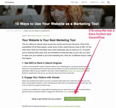 screen show of a cta on BizBudding using Mai Ads & Extra Content and Convertflow