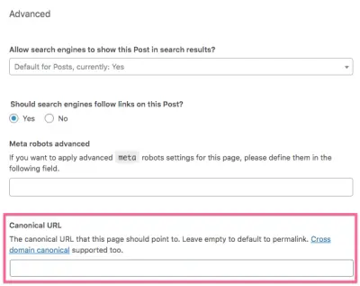 screenshot of Yoast advanced setting for canonical URL