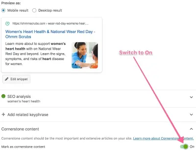 screenshot showing the Yoast Cornerstone Content setting on a post