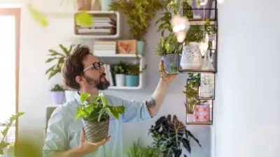 man tending plants in house