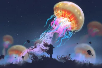 Silhouette of a girl looking at giant jellyfish floating in the sky