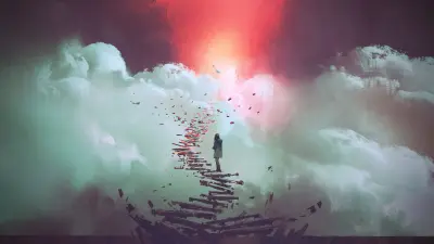 Woman standing on broken stairs leading up to sky
