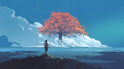 image of boy looking at red tree in distance