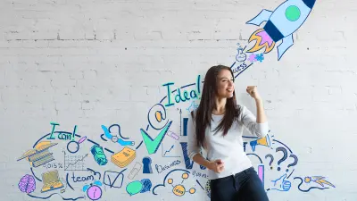 Photo of woman and drawing of rocket on wall, website launch concept
