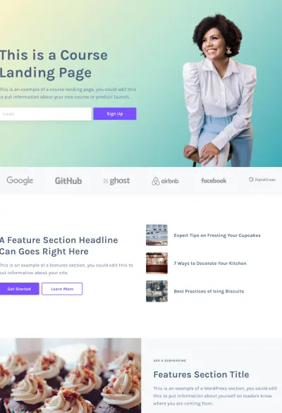 Landing page layout for courses