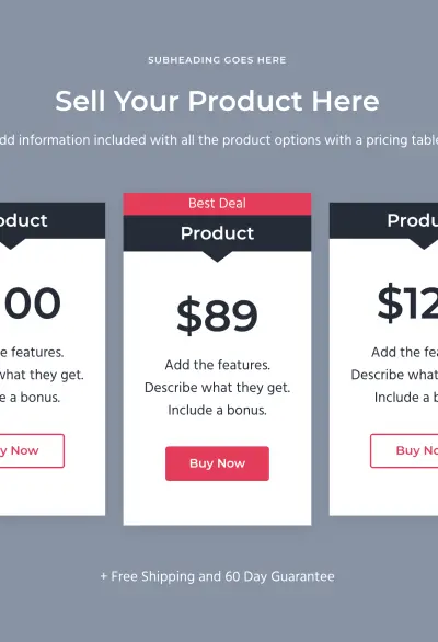Pricing table Mai Columns section