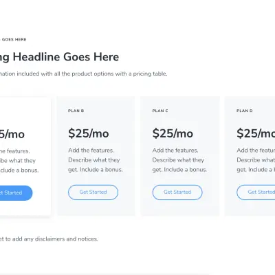 Pricing table with Mai Columns section