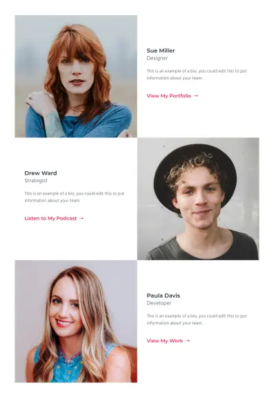 Team bios with Media & Text section
