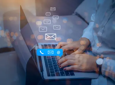 Contact us or Customer support hotline people connect. Businessman using a laptop computer with the (email, call phone, mail) icons.