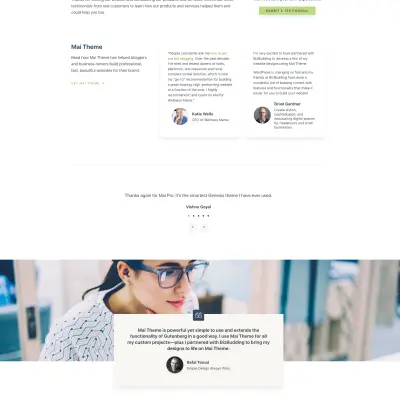Mai Testimonial landing page layout pattern