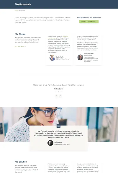 Mai Testimonial landing page layout pattern