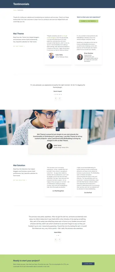 Mai Testimonial landing page layout pattern